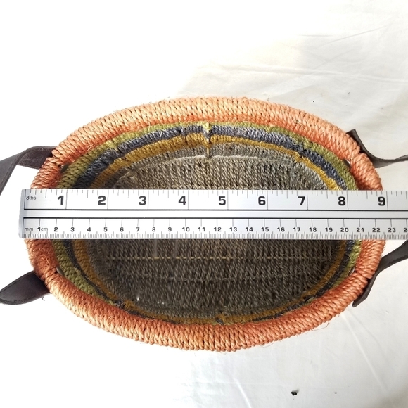 Unique Beautiful Earth Tone Multicolored Wooven Jute Basket with Leather Handles - Picture 8 of 11